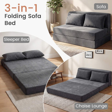 Convertible Sofa Bed, 3-in-1 Chenille, 2 Cushions, Grey