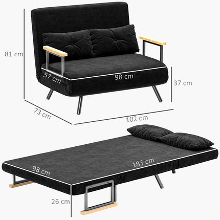 Convertible Velvet Sleeper Sofa, Black, Includes 2 Cushions