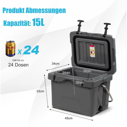 Kühlbox mit 15 Liter Fassungsvermögen, Eisbox mit Tragegriff, Ablassschraube und 2 Getränkehaltern, grau