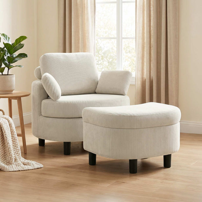 Cord-Sessel mit Ottoman und Stauraum, Cremeweiß