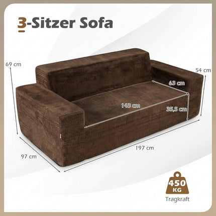 Cord-Dreisitzer-Sofa mit hoher Rückenlehne und breiten Armlehnen, Braun