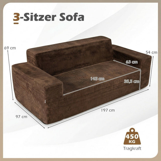 Cord-Dreisitzer-Sofa mit hoher Rückenlehne und breiten Armlehnen, Braun