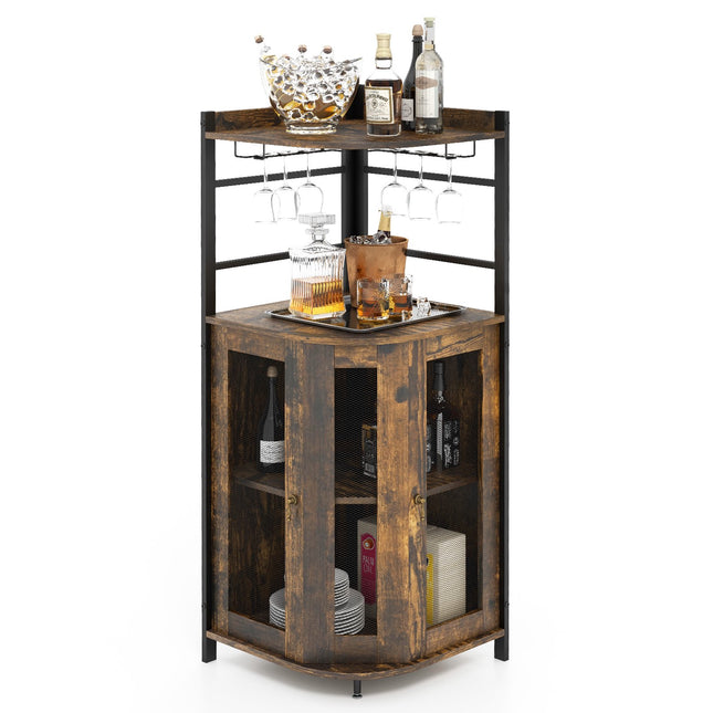 Corner Bar Cabinet With Glass Holder, Adjustable Shelf