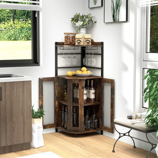 Corner Bar Cabinet With Glass Holder, Adjustable Shelf