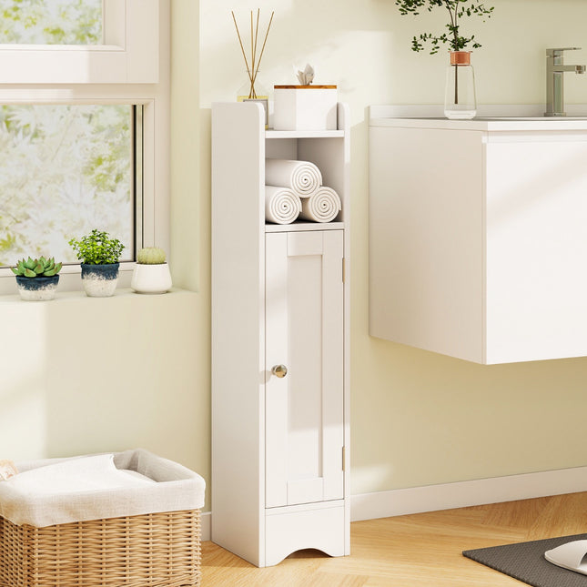Corner Bathroom Floor Cabinet, 1 Door, Adjustable Shelves, White