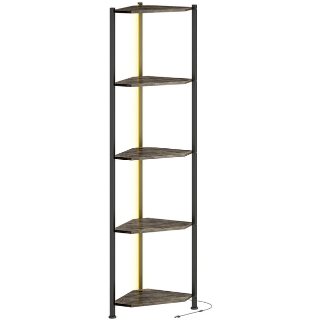 Corner Bookshelf, 5-Tier LED Corner Shelf, Rustic Brown