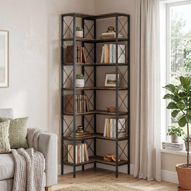 Corner Bookshelf, L-Shaped 6-Tier, Metal Frame, 200 cm