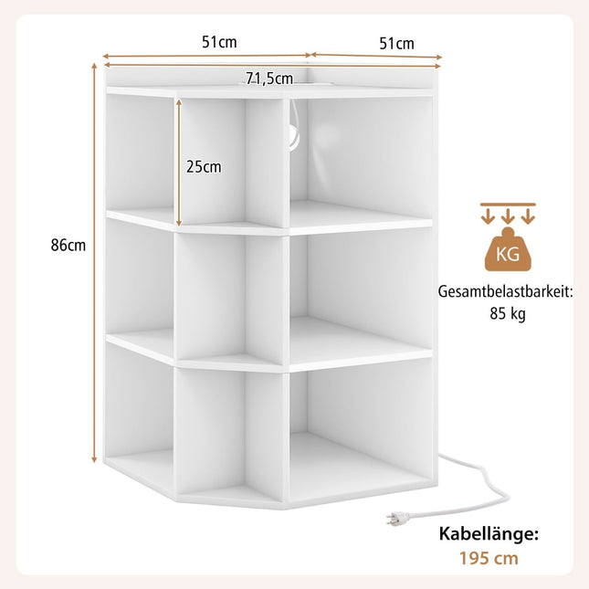 Corner Bookshelf with Charging Station, 9 Shelves, White