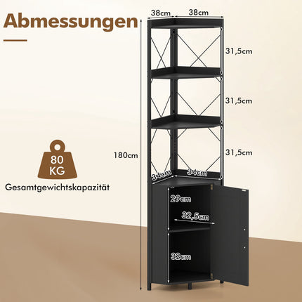 Eckregal mit Stauraum, 5-stöckig, Schwarz, 180 cm