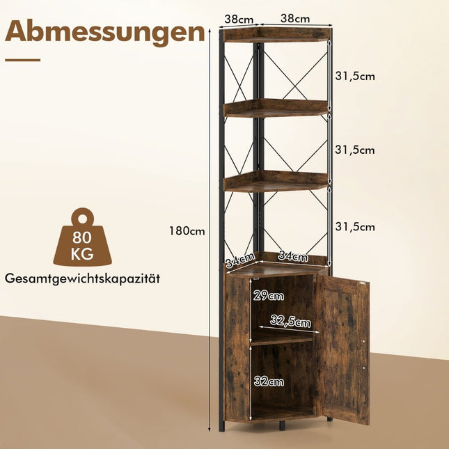 Corner Bookshelf with Storage, 5-Tier, Rustic Brown, 180 cm
