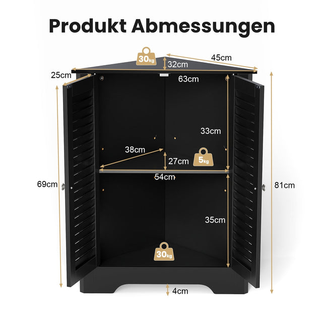 Eckschrank mit Lamellentüren, verstellbarem Einlegeboden, Schwarz