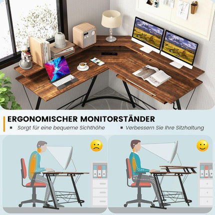 Eckschreibtisch mit Steckdose &amp; USB-Ladeanschluss &amp; Monitorständer Rustikalbraun