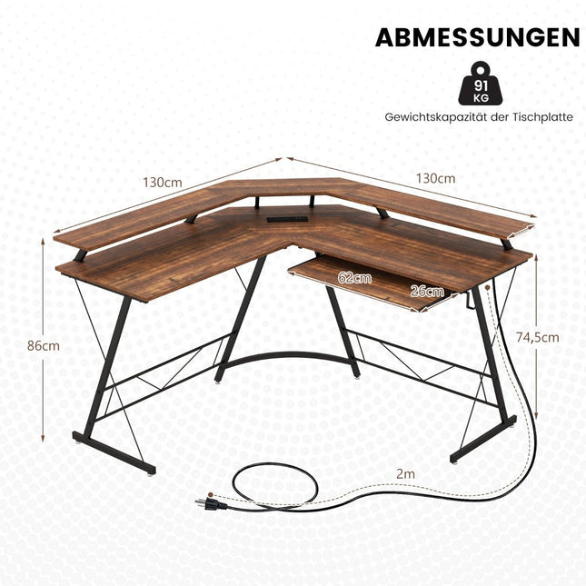 Eckschreibtisch mit Steckdose &amp; USB-Ladeanschluss &amp; Monitorständer Rustikalbraun