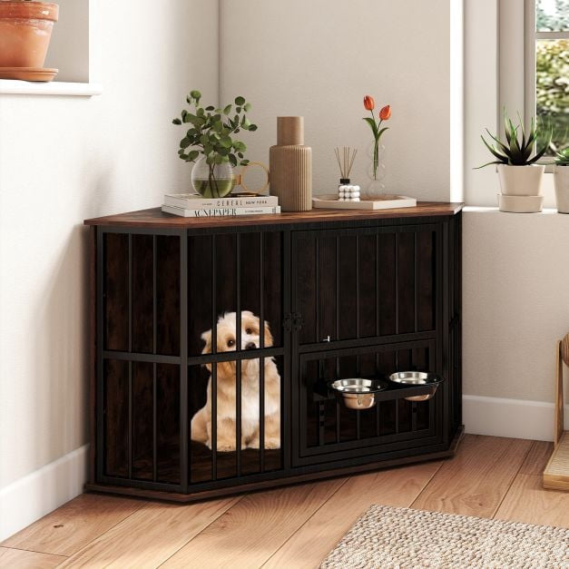 Hoekmodel hondenbench, 114x60x68 cm, verstelbare voerbak