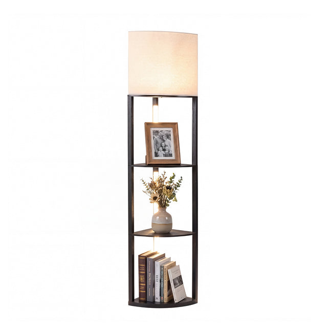 Rohová stojací lampa s policemi, 3patrová s LED, černá