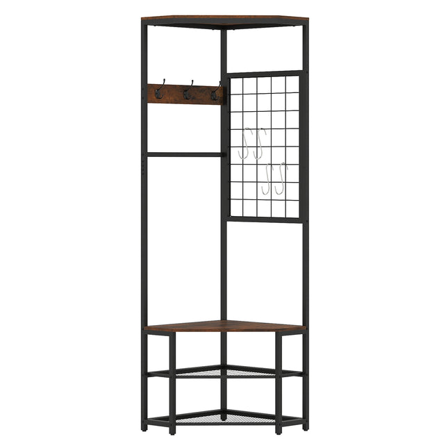 Eck-Garderobe mit Haken, Ablagen, Metallrahmen, Braun