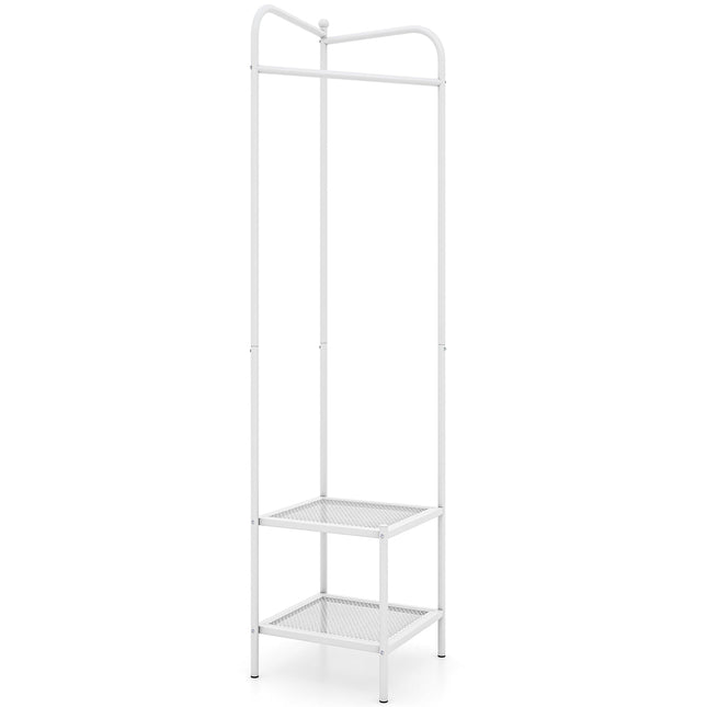 Corner Metal Coat Rack with Hooks and 2 Shelves, White