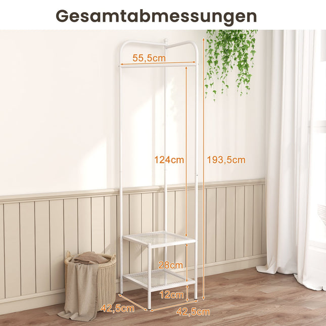Corner Metal Coat Rack with Hooks and 2 Shelves, White