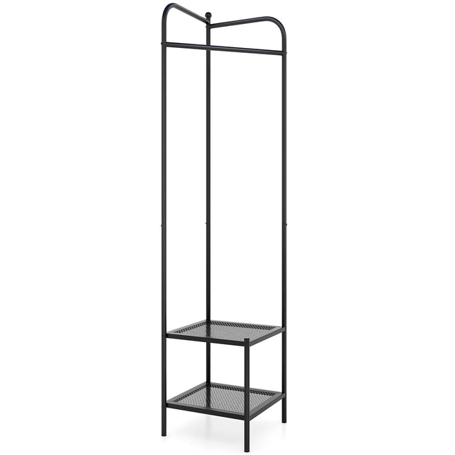 Corner Metal Coat Rack with Hooks and Shelves, Black