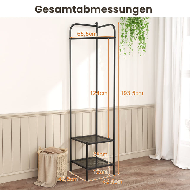 Corner Metal Coat Rack with Hooks and Shelves, Black