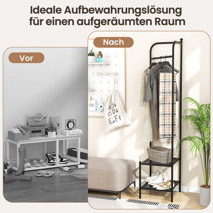 Eck-Garderobe aus Metall mit Haken und Ablagen, Schwarz