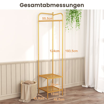 Eck-Garderobenständer aus Metall mit Haken und Ablagen, Gold
