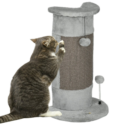 Small gray indoor cat scratching post with sisal ball
