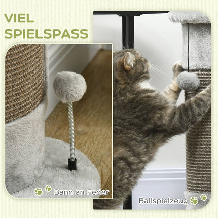 Small gray indoor cat scratching post with sisal ball