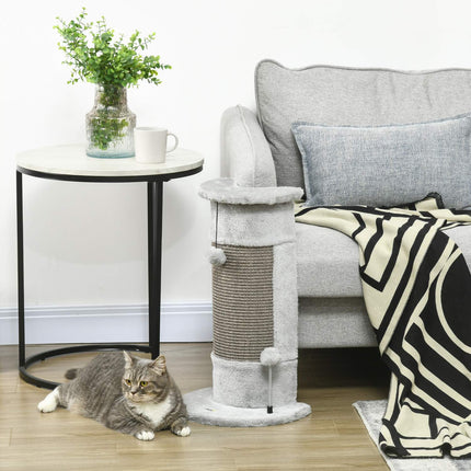Small gray indoor cat scratching post with sisal ball