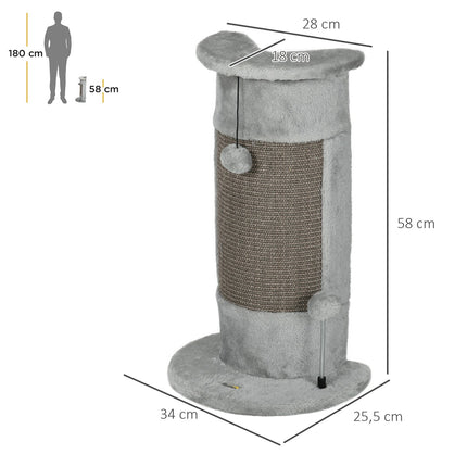 Small gray indoor cat scratching post with sisal ball