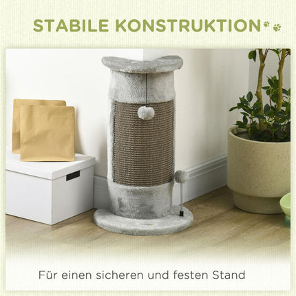 Small gray indoor cat scratching post with sisal ball