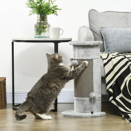 Small gray indoor cat scratching post with sisal ball