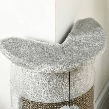 Small gray indoor cat scratching post with sisal ball
