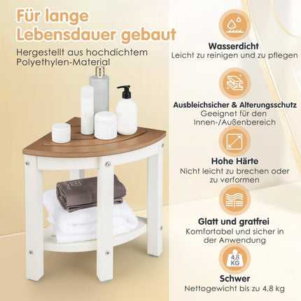 Corner Shower Stool with Shelf, Waterproof HDPE, White