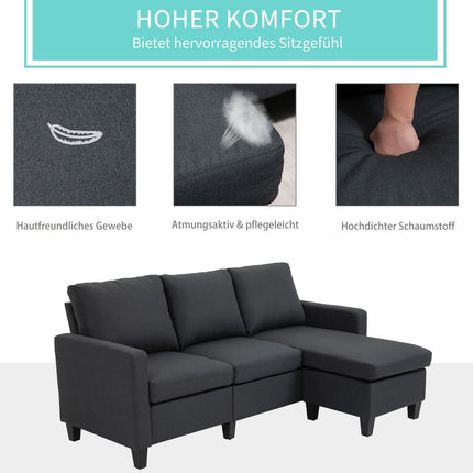 Dunkelgraues L-förmiges Ecksofa aus Leinen mit Récamiere, 197cm