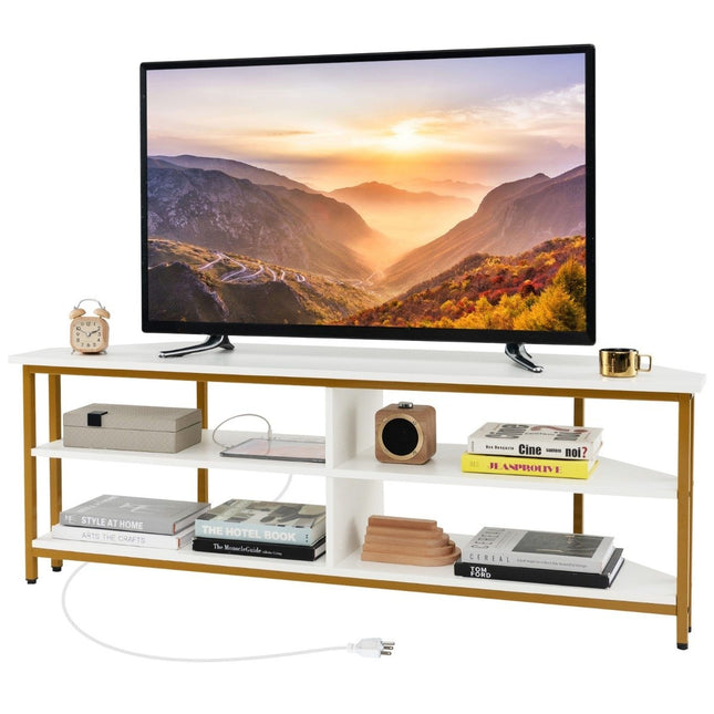 Eck-TV-Schrank mit Ladestation &amp; Ablagen TV-Lowboard für Fernseher bis 65 Zoll Fernsehschrank weiß