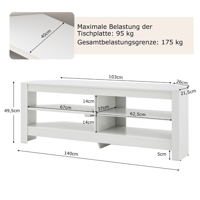 Eck-TV-Ständer mit Ladestation und 4 Ablagen für 65-Zoll-Fernseher