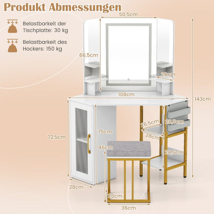 Corner Vanity Table with Stool, LED Mirror, Charging Ports