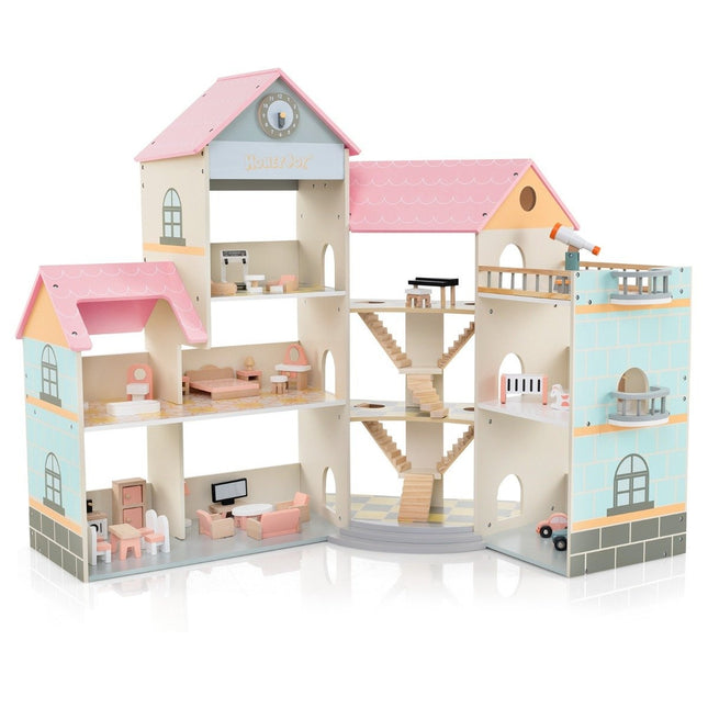 Eck-Puppenhaus aus Holz mit rosa Dach &amp; 41 Möbelstücken &amp; Zubehör Puppenhaus DIY Traumhaus