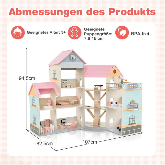 Eck-Puppenhaus aus Holz mit rosa Dach &amp; 41 Möbelstücken &amp; Zubehör Puppenhaus DIY Traumhaus