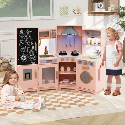 Corner Wooden Play Kitchen Set – Lights, Sounds, Pink