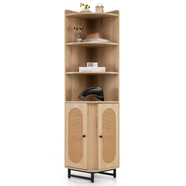 Corner bookcase made of PE rattan 172 cm tall cabinet with 2 doors & 4 open shelves natural