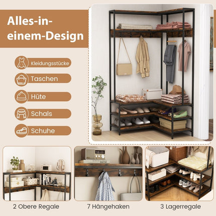 Eckgarderobe mit Bank L-förmiger Kleiderständer mit offenen Regalen 90 x 90 x 178 cm Rustikalbraun