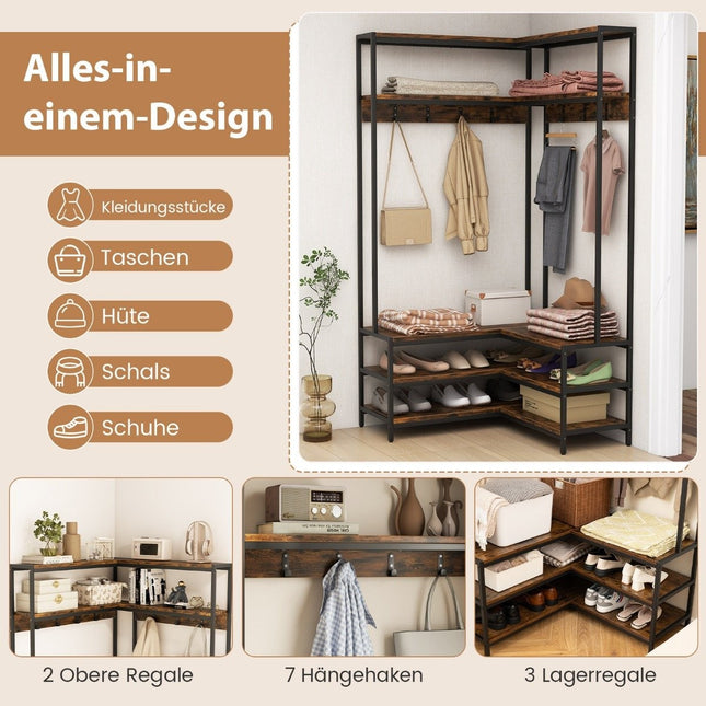 Corner coat rack with bench L-shaped clothes rack with open shelves 90 x 90 x 178 cm Rustic brown