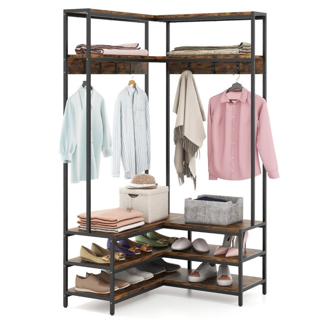 Corner coat rack with bench L-shaped clothes rack with open shelves 90 x 90 x 178 cm Rustic brown