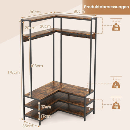 Eckgarderobe mit Bank L-förmiger Kleiderständer mit offenen Regalen 90 x 90 x 178 cm Rustikalbraun