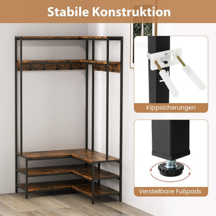 Eckgarderobe mit Bank L-förmiger Kleiderständer mit offenen Regalen 90 x 90 x 178 cm Rustikalbraun