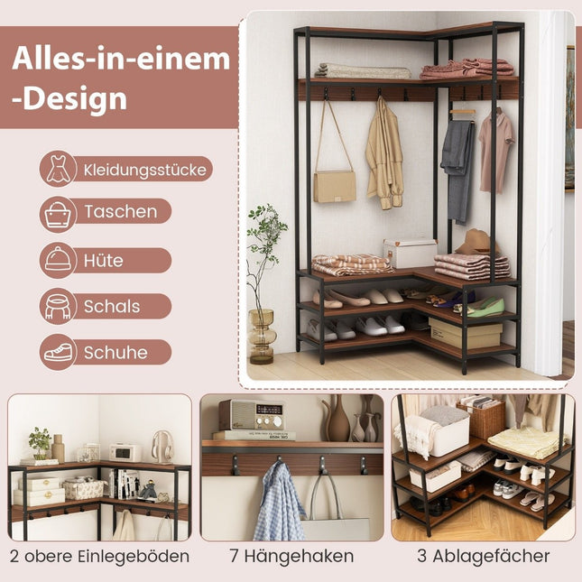 Corner coat rack with bench L-shaped clothes rack with open shelves 90 x 90 x 178 cm walnut