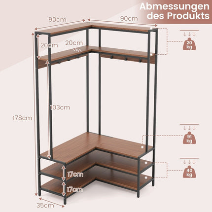 Eckgarderobe mit Bank L-förmiger Kleiderständer mit offenen Regalen 90 x 90 x 178 cm Nussbaum