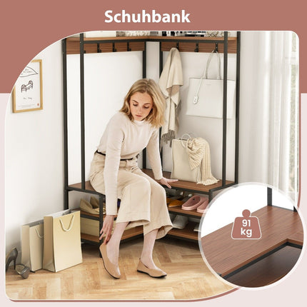 Eckgarderobe mit Bank L-förmiger Kleiderständer mit offenen Regalen 90 x 90 x 178 cm Nussbaum